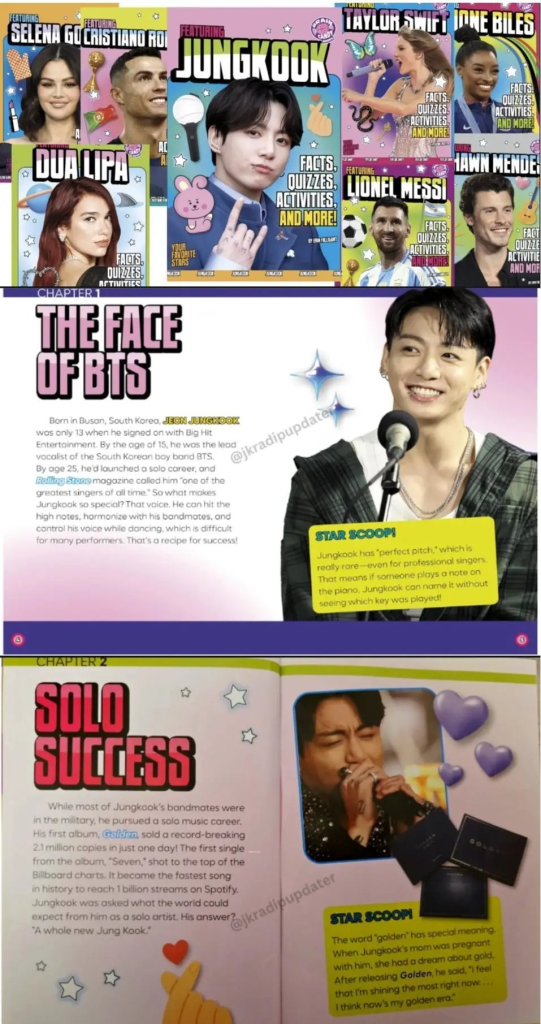 An infographic featuring celebrities including Selena Gomez, Cristiano Ronaldo, Dua Lipa, Taylor Swift, and Jungkook of BTS, with highlighted sections about their achievements.