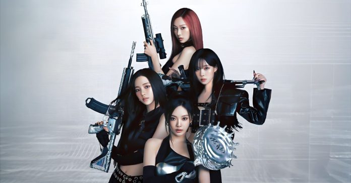 aespa posed dramatically against a light-colored background, each holding weapons. They are styled in black outfits with trendy accessories, showcasing a bold and fierce look.