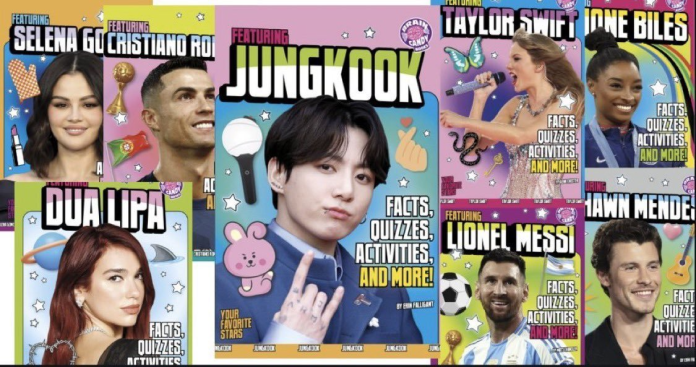 A collage of magazine covers featuring various celebrities including Jungkook, Selena Gomez, Cristiano Ronaldo, Dua Lipa, Taylor Swift, Simone Biles, Lionel Messi, and Shawn Mendes, each accompanied by fun graphics and text highlighting facts, quizzes, and activities.