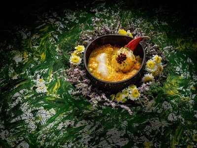 Braised Mung Bean Noodles in Crab Roe Collagen, served with Crab Claw stuffed with Prawn Mousse
