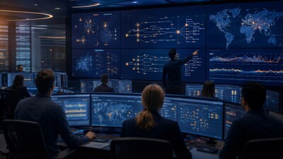 Ai interpretation of a modern SOC in a dark setting with multiple analysts.