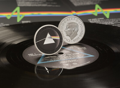 The Royal Mint's official Pink Floyd commemorative coin, featuring iconic prism design from The Dark Side of the Moon on the reverse and His Majesty The King's portrait on the obverse. Available from 14 May 2026, the coin celebrates more than half a century of Pink Floyd's extraordinary and enduring legacy.
