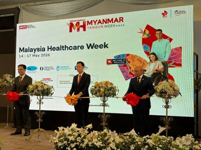 From left: Mr Muhd Hairi Bin Zainal Abidin, Trade Commissioner of MATRADE’s ASEAN & Oceania Section; Mr Hew Tse Hou, Chargé d’Affaires of the Malaysian Embassy in Yangon, Myanmar; and Mr Lokman Izam Abd Aziz, MHTC’s Vice President of Marketing & Communications during the launch of Malaysia Healthcare Week Yangon 2026 at Park Royal Yangon on 15 May 2026.