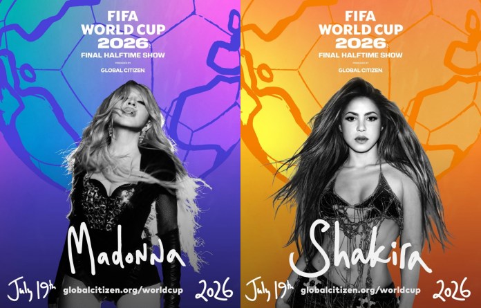 Promotional image for the FIFA World Cup 2026 final halftime show featuring Madonna and Shakira, with colorful backgrounds and event details.