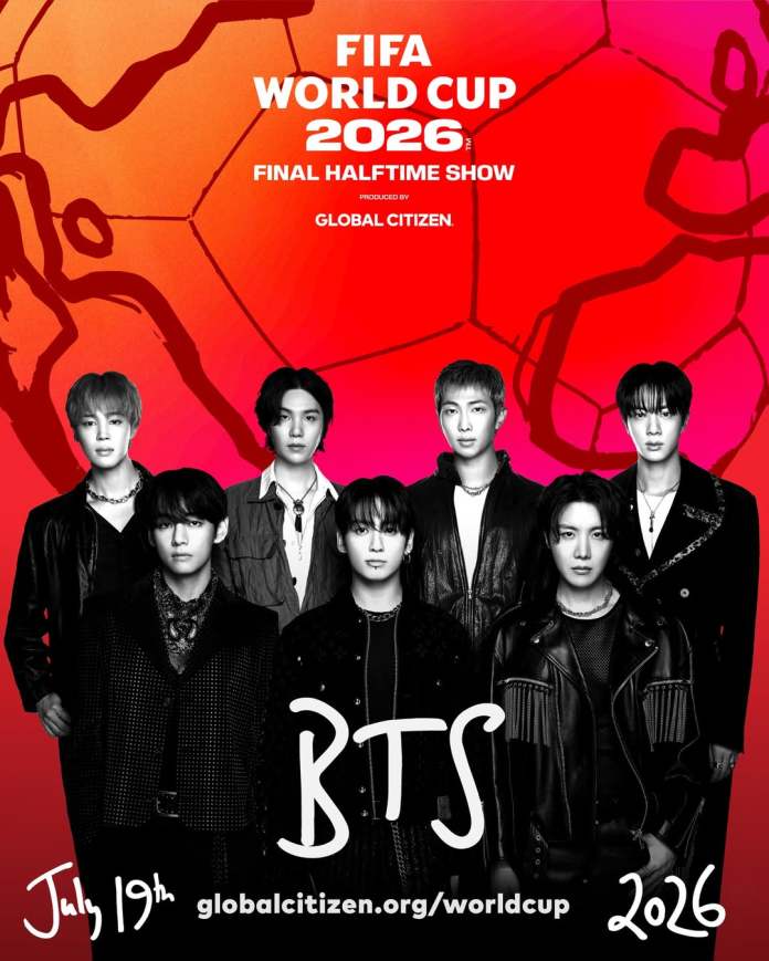 Promotional image for the FIFA World Cup 2026 featuring the group BTS, announcing their final halftime show on July 19th, produced by Global Citizen.