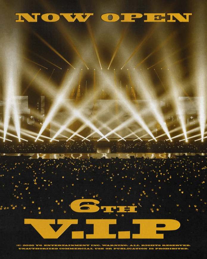 A concert stage illuminated with bright lights, featuring the text 'NOW OPEN' and '6TH V.I.P.' prominently displayed.