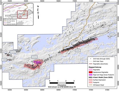 Figure 1: Location of the principal corridor at Shaakichiuwaanaan, which is host to the CV5 and CV13 LCT pegmatites.