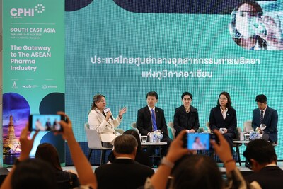Industry and government leaders take part in a panel discussion at the CPHI South East Asia 2026 press conference, highlighting Thailand's role as the region's pharmaceutical manufacturing hub.
