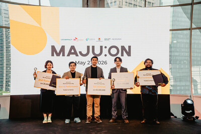 Members of GISACT, the first-place team, pose for a commemorative photo at the MAJU:ON Final Demo Day held on May 21 at the Garuda Spark Innovation Hub in Jakarta, Indonesia.