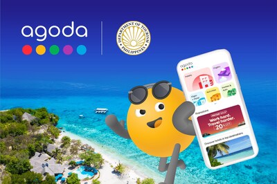 An Agoji holding a smartphone displaying the Agoda app, with the Agoda and Philippines Department of Tourism logos above a tropical beach backdrop