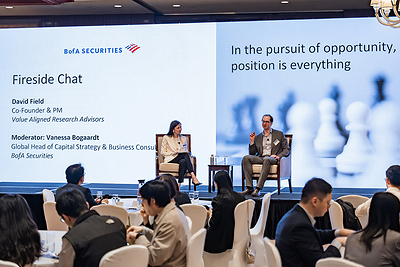 From right, David Field, Co-Founder & Portfolio Manager, Value Aligned Research Advisors, participates in a fireside chat moderated by Vanessa Bogaardt, head of Global Capital Strategy & Consulting at BofA Securities, during the BofA Securities Asia Alternatives Forum in Hong Kong on May 21, 2026.