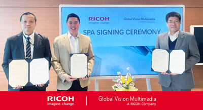 Kenny Liow, Director, Global Vision Multimedia; Hooi Ping Lee, Co-Founder & Director, Global Vision Multimedia; and Kei Uesugi, Managing Director, Ricoh Asia Pacific, at the signing ceremony.