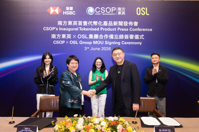Representatives from CSOP, HSBC and OSL Group attended the CSOP's Inaugural Tokenised Product Press Conference and CSOP x OSL Group MoU signing ceremony. Front Row (from left to right): Ding Chen, CEO of CSOP; Kevin Cui, Executive Director and CEO of OSL Group; Back Row (from left to right): Melody He, Deputy CEO and Chief Business Officer, CSOP; Maggie Ng, CEO, HSBC Hong Kong; Eugene Cheung, Chief Commercial Officer, OSL Group