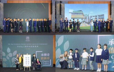 Upper Left and Upper Right: Dr Christine Choi, JP (Secretary for Education, Education Bureau); Prof Anna Pao Sohmen and Mr Philip Pao Sohmen (both founders of YK Pao Schools), together with the Board of Trustees of the YK Pao Education Foundation, officiated the launch ceremony of YK Pao School Hong Kong. Lower Left: The four Pao sisters—daughters of Sir YK Pao—unveiled their father’s motto as a gift to YK Pao School Hong Kong. Lower Right: Mrs. Cathy Braithwaite, Founding Head of YK Pao School Hong Kong, with student representatives from the school’s first cohort.