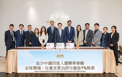 Chief Executive Officer and Executive Director of Sands China Ltd. Grant Chum (centre), Executive Vice President, General Counsel and Company Secretary Dylan Williams (sixth from left), Vice President of Sustainability and Environmental, Social and Governance Pranav Jampani (sixth from right), and other team members display the company’s certificates and trophies from the S&P Global Sustainability Yearbook 2025. (PRNewsfoto/Sands China Ltd.)