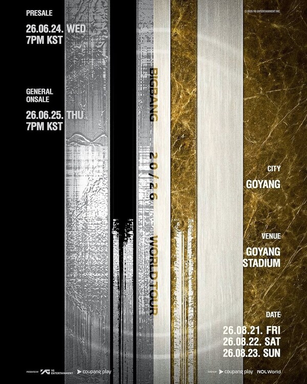 Promotional poster for BIGBANG's 2024 World Tour concert in Goyang, featuring presale and general onsale dates, concert venue, and dates of the event.