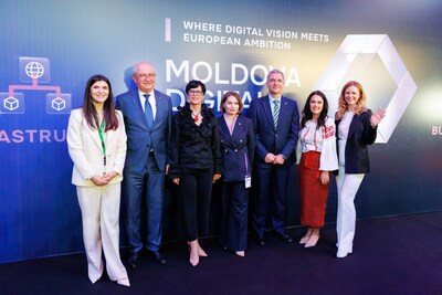 EU Commissioner for Enlargement Marta Kos, Prime Minister of the Republic of Moldova Alexandru Munteanu, and leaders from Moldova’s government and private sector at Moldova Digital Summit 2026 in Chișinău.