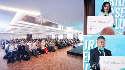Conference overview at the 2026 Hong Kong International Nature-based Solutions Action Week (left), with Ms Chen Danhong (MNR) (top right) and Mr Gu Zhixin (MNR) (bottom left).