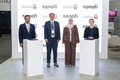 In the presence of H.E. Dr.Noura Al Ghaithi, Undersecretary of the Department of Health – Abu Dhabi and Danilo Casimiro, Chief Scientific Officer and Head of External Scientific Affairs Vaccines at Sanofi, Dr. Mohamed Al Ameri, Division Director of Genome and Biobank at DoH and Laurie Gery, Global Head of Business Development Vaccines at Sanofi signed the MoU during BIO International Convention 2026 in San Diego, USA