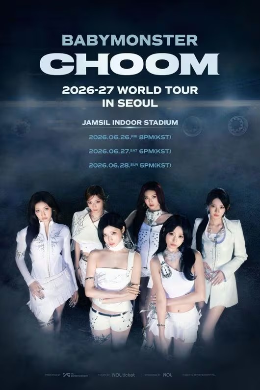 Promotional poster for BABYMONSTER CHOOM 2026-27 World Tour in Seoul, featuring six female performers in stylish outfits against a dark background.