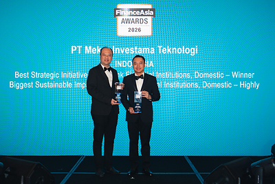 MEKAR Chief Operating Officer Mahwi Winarto (left) and Chief Executive Officer Pandu Aditya Kristy (right) receive the company's awards at the FinanceAsia Awards 2026 in Hong Kong. 