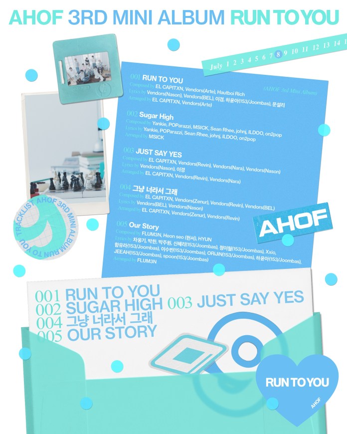 Tracklist for AHOF's 3rd mini album 'Run To You', featuring song titles, composers, and arrangements on a colorful background.