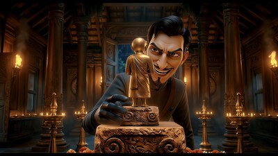 Vikram, the new villain in “IvyBears Chapter 3: The Stolen Idol,” steals a golden idol inside an ancient Indian temple (credit: IvyBears / Moontrail Animation Studios)