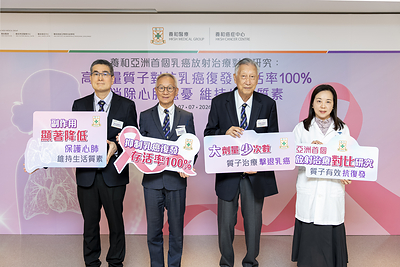 Mr. Wyman LI, Chief Operating Officer of HKSH Medical Group and Director of Hong Kong Sanatorium & Hospital (2nd right), Dr. Joseph CHAN, Chief Medical Officer, HKSH Medical Group and Deputy Medical Superintendent, Hong Kong Sanatorium & Hospital (2nd left), Dr. Amy CHANG, Co-Director of HKSH Proton Therapy Centre and Specialist in Clinical Oncology (far right), Dr. Ben YU, Head of Medical Physics Department, HKSH Medical Group (far left) presented two clinical studies focusing on Chinese breast cancer patients who have received proton or photon radiotherapy, both are the first of their kind in Asia and further advance precision medicine aimed at helping patients “live with cancer while preserving quality of life.”