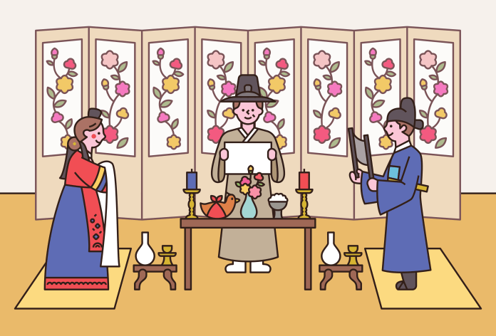 A traditional Korean ceremony scene with a man reading a document, flanked by a woman in a colorful hanbok and a man dressed in a blue traditional outfit, all set against a backdrop of floral folding screens.