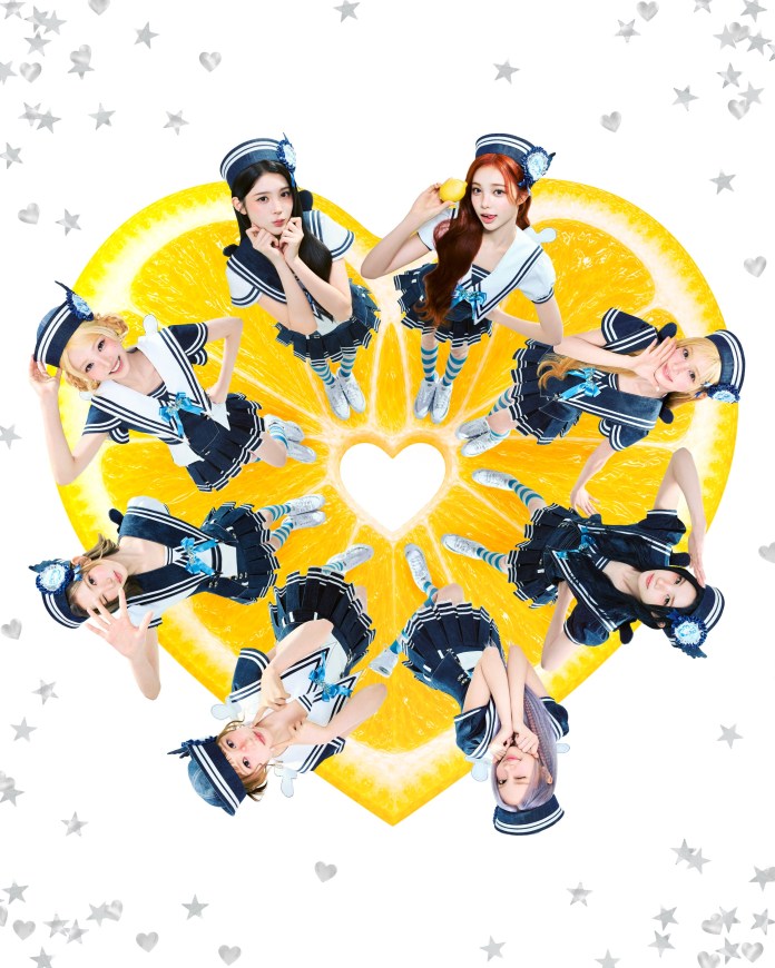 Hearts2Hearts members in sailor-themed outfits posing around a heart-shaped lemon slice, with a light background adorned with stars and hearts.
