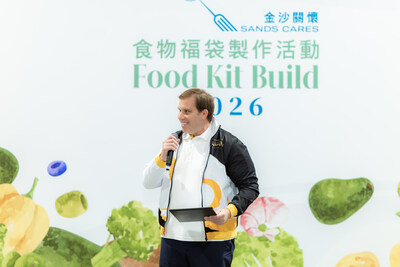 Patrick Dumont, chairman of the board and chief executive officer of Las Vegas Sands Corp., and chairman of the board and non-executive director of Sands China Ltd. delivers a speech at the opening ceremony of Sands Cares Global Food Kit Build at The Venetian Macao’s Cotai Expo. (PRNewsfoto/Sands China Ltd.)