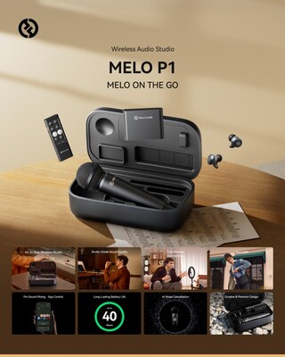Hollyland MELO P1, an all-in-one wireless studio system, combines a recording microphone, a 55 g smart mixer, a pair of monitoring earphones, and a shortcut-enabled wireless remote for capturing, mixing, and monitoring music in real time.