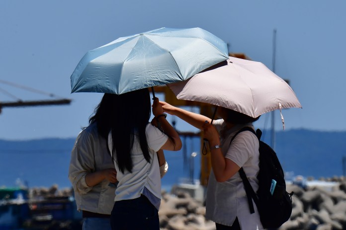 Two women standing under colorful umbrellas on a sunny day, engaged in conversation.