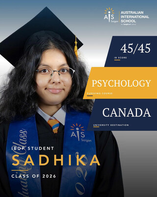 Sadhika Kapoor achieved a perfect 45-point IB Diploma score, becoming one of the first students in AIS Saigon's history to reach the highest possible IB result. A full boarding scholarship student and Nsouli Scholar, she will continue her journey in Psychology at York University.