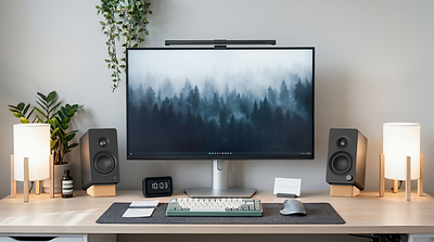 The detachable cork stand angles the speakers toward the listener while adding a warm, understated accent that suits both creative studios and everyday home setups.