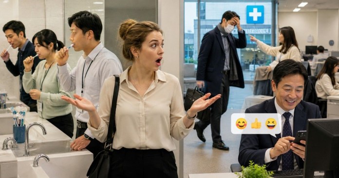A diverse group of office coworkers in a restroom, some brushing their teeth while a surprised woman gestures as she stands near a sink, while a man in a mask walks past looking distressed, and another man at a desk smiles at his phone.