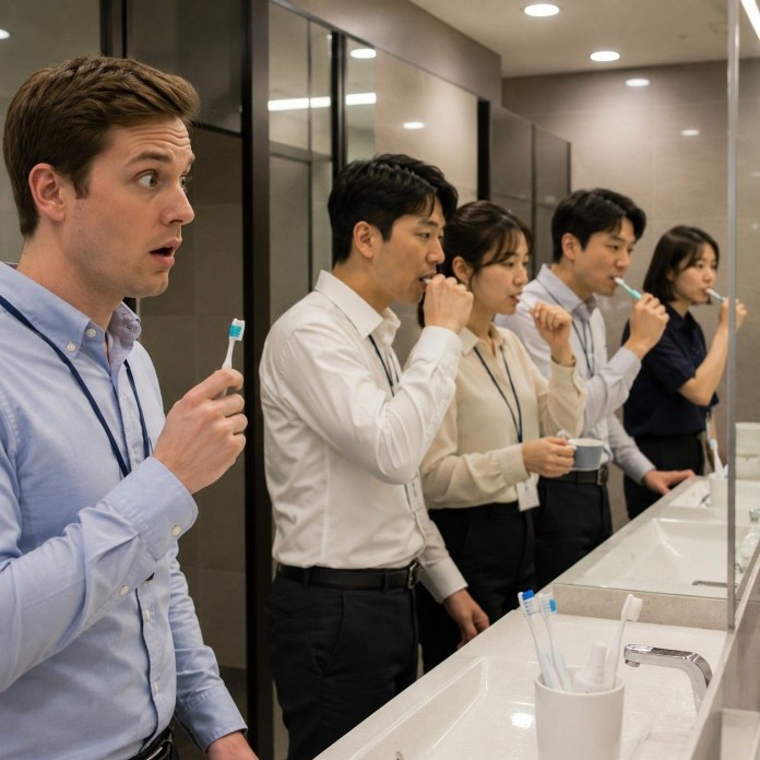 A group of five people brushing their teeth at a modern bathroom sink, with one person looking surprised while holding a toothbrush.