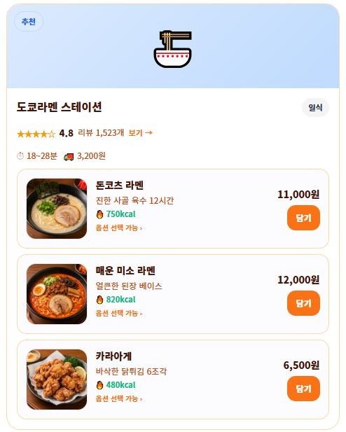 Menu of a ramen restaurant featuring three dishes: Tonkotsu ramen, Spicy Miso ramen, and Chicken Karaage. Each dish includes a photo, price, and caloric information.