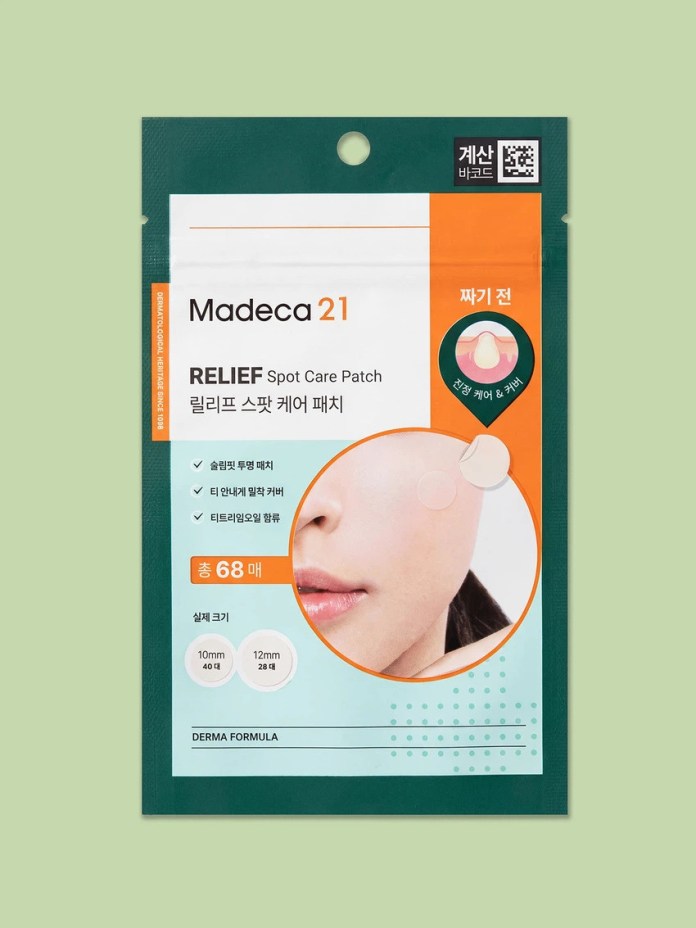 Package of Madeca21 Relief Spot Care Patch, featuring an image of a child's face, details about the product, and Korean text.