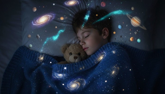 A young boy sleeping peacefully under a blue blanket, holding a teddy bear, with a dreamy depiction of galaxies and planets floating above his head.