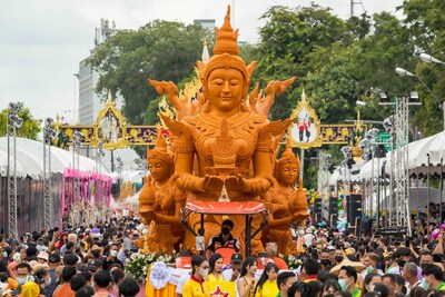 A monumental carved-wax sculpture moves through Ubon Ratchathani during the annual Candle Procession, whose enduring cultural significance has prompted TAT to designate it a Signature Thailand Event. (PRNewsfoto/Tourism Authority of Thailand (TAT))