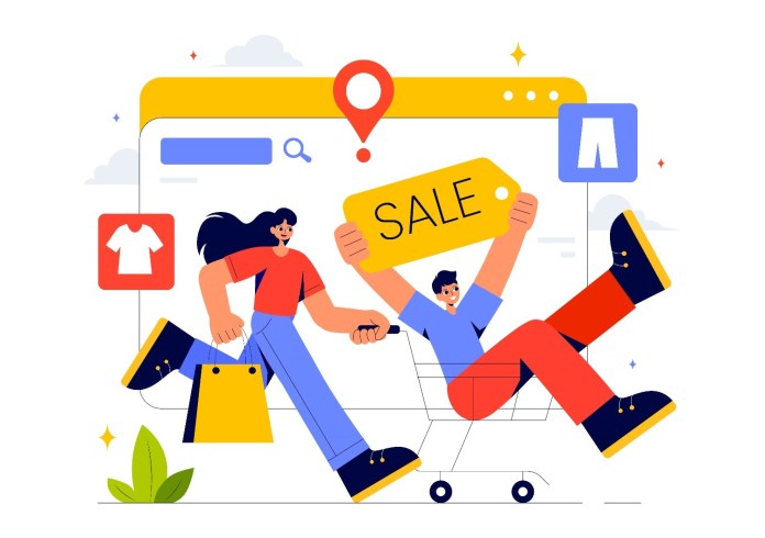 An illustration of two characters joyfully shopping online. One person is holding a shopping bag and running, while the other is sitting in a shopping cart, holding a 'SALE' tag. The background features web elements indicating e-commerce and sale items.