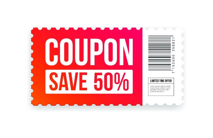 A colorful coupon design featuring bold text that says 'COUPON' and 'SAVE 50%'. It also includes a barcode and the note 'LIMITED TIME OFFER'.