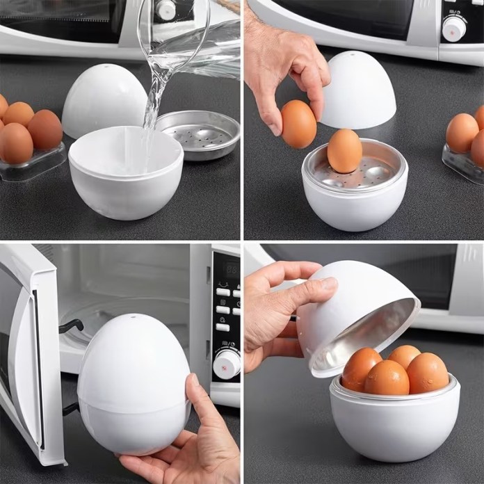 A step-by-step guide to using an egg cooker: pouring water into a bowl, placing eggs in a steaming tray, and positioning the cooker inside a microwave.