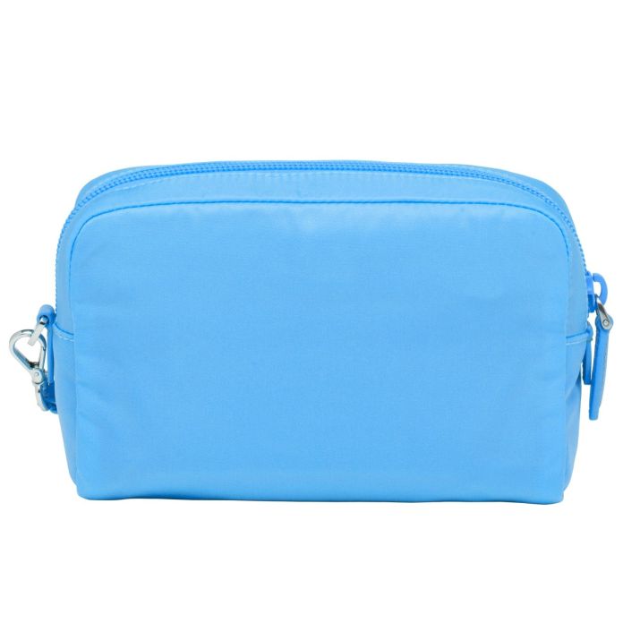 A bright blue cosmetic bag with a zipper closure and a small handle on the side.
