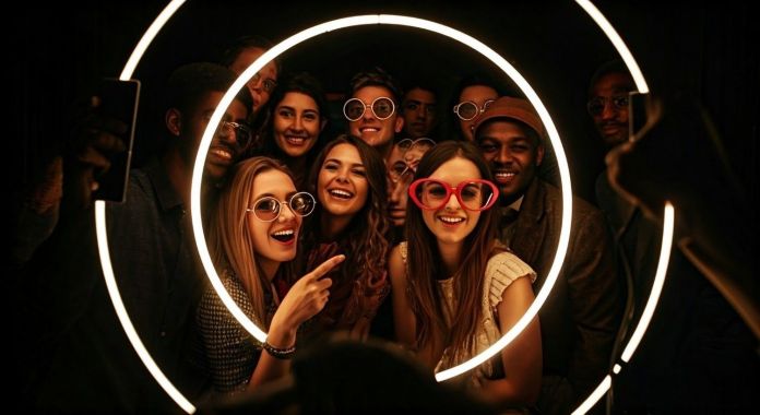 A group of diverse friends posing for a selfie inside a circular light frame, all wearing fun glasses and smiling.