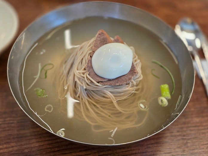 Bowl of cold noodles topped with a poached egg and slices of beef in clear broth, garnished with green onions.