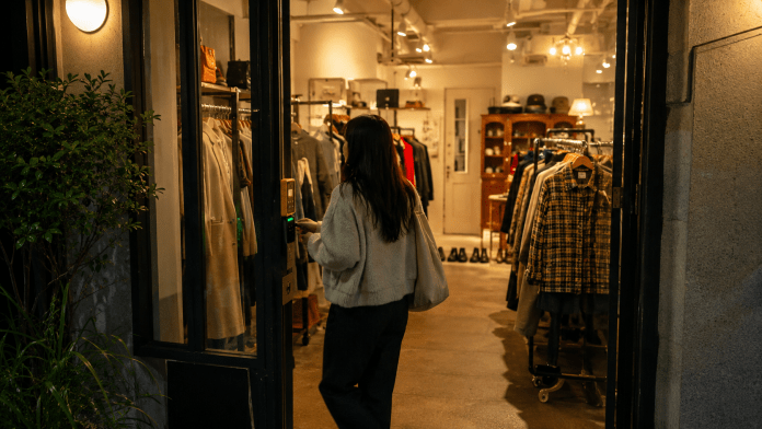 A woman entering a clothing store in the evening, surrounded by racks of clothes and warmly lit interior.