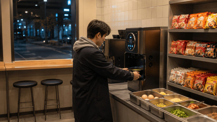 A person standing in a modern kitchen at night, using a machine to prepare food while surrounded by shelves stocked with various packaged noodles and ingredients.
