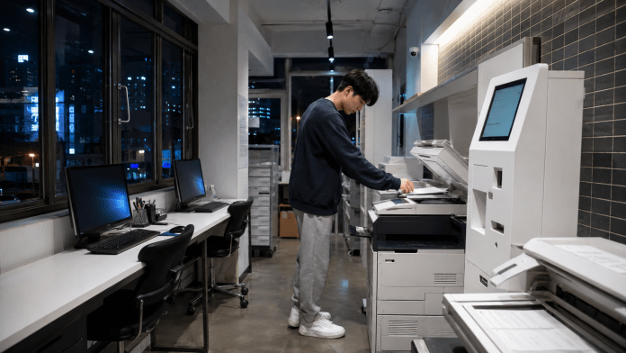 A person standing at a photocopier in a modern office space with large windows, two computer workstations in the background, and a printing area.
